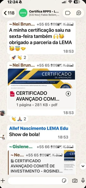 Mensagem de aluno no grupo do Certifica RPPS: "A minha certificação saiu na sexta-feira também, obrigado a parceria da LEMA", com o certificado de aprovação.