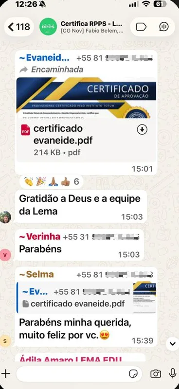 Aluna compartilha o certificado de aprovação no grupo do Certifica RPPS e agradece: "Gratidão a Deus e a equipe da Lema".